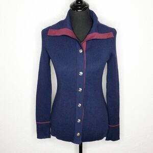 WHBM navy blue maroon ribbed button down collared sweater size Small